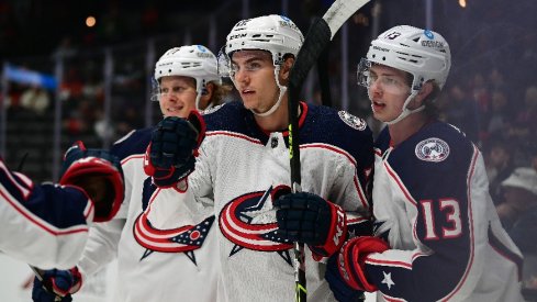 Columbus Blue Jackets defenseman Jake Bean celebrates his goal scored against the Anaheim Ducks during the first period at Honda Center.