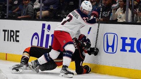 Nick Blankenburg hits Troy Terry during the second period at Honda Center