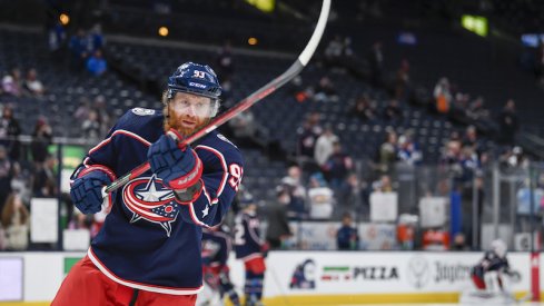 Columbus Blue Jackets' Jake Voracek warms up against the Toronto Maple Leafs at Nationwide Arena.