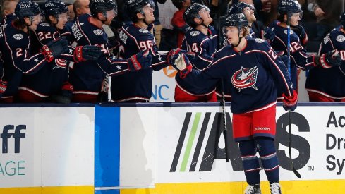 Columbus Blue Jackets defenseman Adam Boqvist celebrates a goal against the San Jose Sharks during the first period at Nationwide Arena.