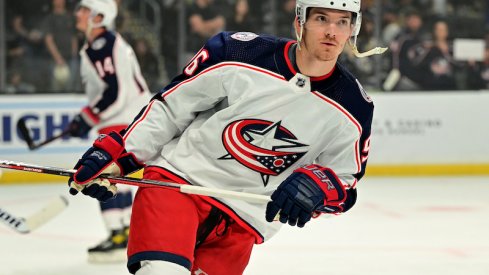 Columbus Blue Jackets' Jack Roslovic warms up against the Los Angeles Kings at Crypto.com Arena.