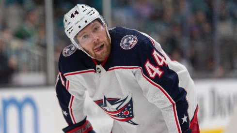 Apr 19, 2022; San Jose, California, USA; Columbus Blue Jackets defenseman Vladislav Gavrikov (44) reacts during the second period against the San Jose Sharks at SAP Center at San Jose.