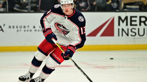 Columbus Blue Jackets center Kent Johnson warms up before a game against the Los Angeles Kings at Crypto.com Arena.