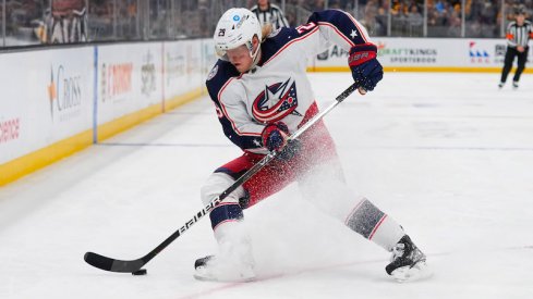 Columbus Blue Jackets' Patrik Laine controls the puck against the Boston Bruins at TD Garden.