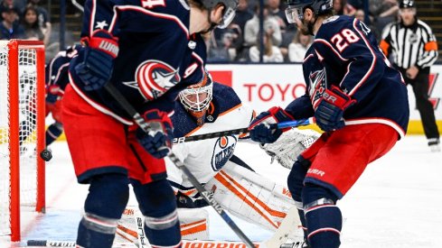 Columbus Blue Jackets right wing Oliver Bjorkstrand scores the tying goal against the Edmonton Oilers in the third period at Nationwide Arena.