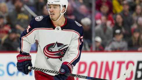 Columbus Blue Jackets' Cole Sillinger on the ice against the Detroit Red Wings at Littler Caesars Arena.