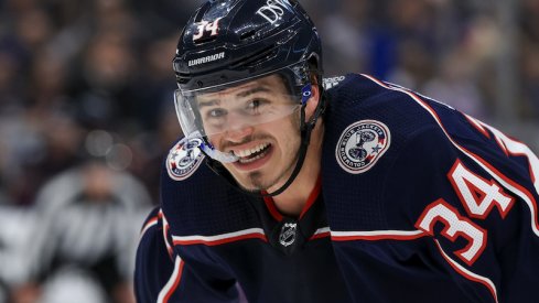 Columbus Blue Jackets' Cole Sillinger waits for the face-off against the Tampa Bay Lightning in the second period at Nationwide Arena.