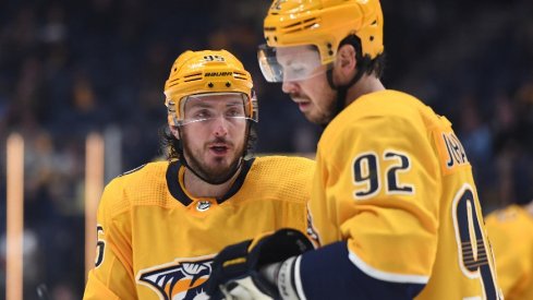 Nashville Predators center Matt Duchene talks with center Ryan Johansen before a face off during the third period against the St. Louis Blues at Bridgestone Arena.