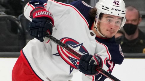 Columbus Blue Jackets' Alexandre Texier shoots during the third period against the Vegas Golden Knights at T-Mobile Arena.