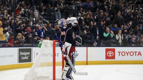 Columbus Blue Jackets' Elvis Merzlikins reacts as time expires against the Tampa Bay Lightning in the third period at Nationwide Arena.