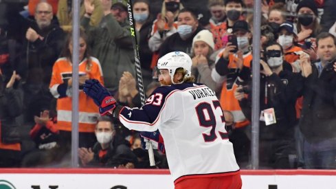 Columbus Blue Jackets right wing Jakub Voracek acknowledges the crowd in his return to Philadelphia against the Philadelphia Flyers during the first period at Wells Fargo Center.