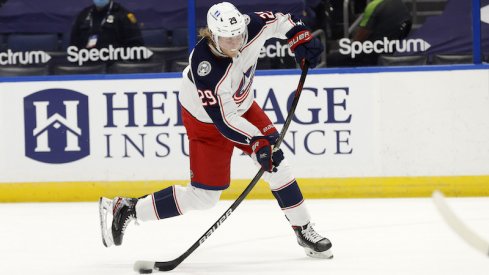 Columbus Blue Jackets' Patrik Laine shoots against the Tampa Bay Lightning during the second period at Amalie Arena.