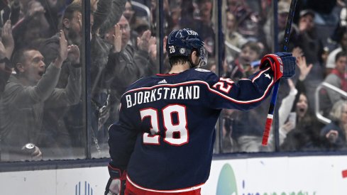 Columbus Blue Jackets' Oliver Bjorkstrand celebrates after scoring the go-ahead goal against the Edmonton Oilers in the third period at Nationwide Arena.