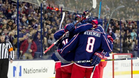 Columbus Blue Jackets celebrate a goal during the first period against the Toronto Maple Leafs at Nationwide Arena.