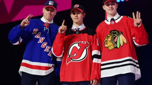 From left to right; Kaapo Kakko, Jack Hughes, Kirby Dach