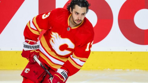 Calgary Flames' Johnny Gaudreau skates during the warmup period against the Edmonton Oilers in game five of the second round of the 2022 Stanley Cup Playoffs at Scotiabank Saddledome.