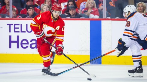 Johnny Gaudreau controls the puck against the Edmonton Oilers in game two of the second round of the 2022 Stanley Cup Playoffs