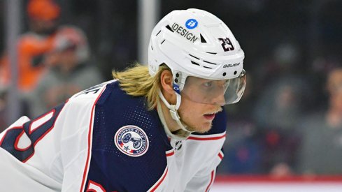 Columbus Blue Jackets forward Patrik Laine gets set for play during a game against the Toronto Maple Leafs.