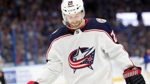 Columbus Blue Jackets Oliver Bjorkstrand looks on from the ice during the second period of game one of the first round of the 2019 Stanley Cup Playoffs against the Tampa Bay Lightning at Amalie Arena.