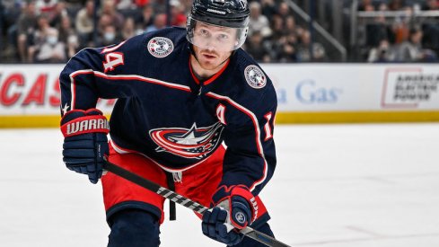 Columbus Blue Jackets' Gustav Nyquist chases the puck in the first period against the Edmonton Oilers at Nationwide Arena.