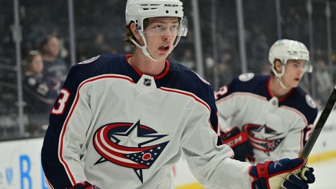 Kent Johnson warms up before a game against the Los Angeles Kings