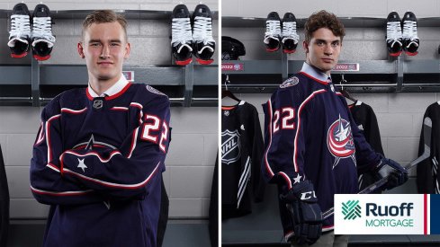 David Jiricek and Denton Mateychuk pose after being drafted 