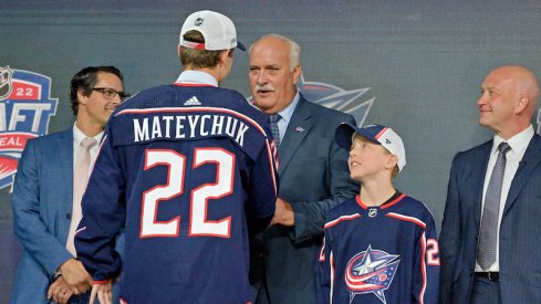 Denton Mateychuk after being selected as the number twelve overall pick to the Columbus Blue Jackets in the first round of the 2022 NHL Draft at Bell Centre.