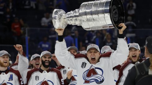 Jack Johnson celebrates winning the Stanley Cup