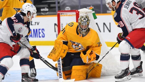 Alexandre Texier and Boone Jenner skate against the Nashville Predators