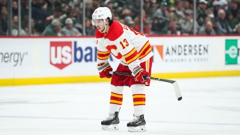 Calgary Flames' Johnny Gaudreau looks on against the Minnesota Wild in the first period at Xcel Energy Center.