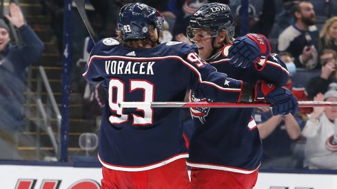 Columbus Blue Jackets' Patrik Laine celebrates a goal against the Florida Panthers during the second period at Nationwide Arena.