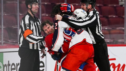 Fight between Montreal Canadiens' Brendan Gallagher and Columbus Blue Jackets' Andrew Peeke during the second period at Bell Centre.