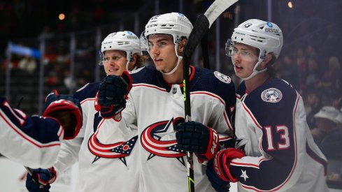 Columbus Blue Jackets' Jake Bean celebrates his goal scored against the Anaheim Ducks during the first period at Honda Center.