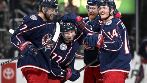 Columbus Blue Jackets' Nick Blankenburg celebrates his first NHL goal against the Edmonton Oilers in the third period at Nationwide Arena.