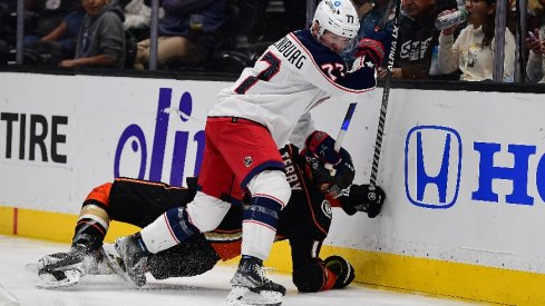 Columbus Blue Jackets defenseman Nick Blankenburg hits Anaheim Ducks right wing Troy Terry while playing for the puck during the second period at Honda Center.