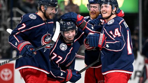 Columbus Blue Jackets defenseman Nick Blankenburg celebrates his first NHL goal against the Edmonton Oilers in the third period at Nationwide Arena.