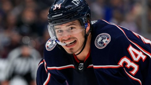 Columbus Blue Jackets center Cole Sillinger (34) waits for the face-off against the Tampa Bay Lightning in the second period at Nationwide Arena.