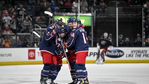 Columbus Blue Jackets' Nick Blankenburg celebrates his first NHL goal against the Edmonton Oilers in the third period at Nationwide Arena.