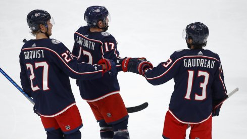 From left to right: Adam Boqvist, Justin Danforth, Johnny Gaudreau