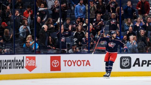 Columbus Blue Jackets right wing Kirill Marchenko celebrates scoring a goal against the Buffalo Sabres in the first period at Nationwide Arena.