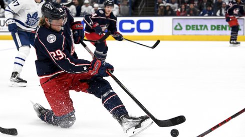 Columbus Blue Jackets' Patrik Laine plays the puck from his knee in the third period against the Toronto Maple Leafs at Nationwide Arena.