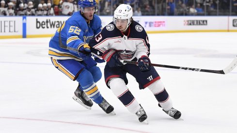 Johnny Gaudreau fights for position against the St. Louis Blues