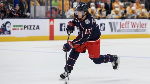 Columbus Blue Jackets' Johnny Gaudreau skates with the puck against the Nashville Predators in the second period at Nationwide Arena.