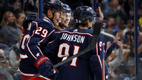 Columbus Blue Jackets' Patrik Laine celebrates his goal with forward Kent Johnson during the second period against the Pittsburgh Penguins at Nationwide Arena.