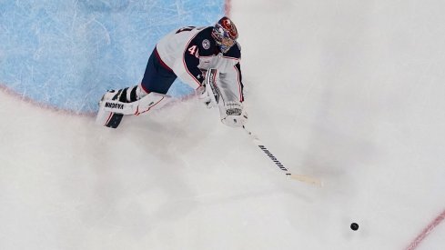  Daniil Tarasov plays the puck for the Columbus Blue Jackets