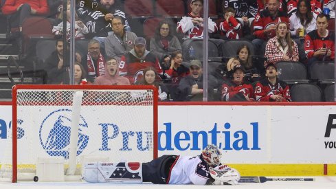 Columbus Blue Jackets goaltender Elvis Merzlikins after conceding a goal