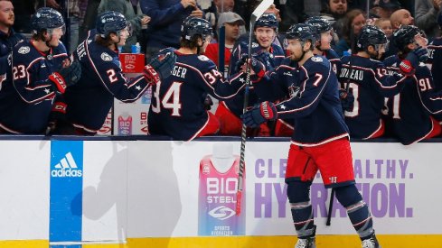 Columbus Blue Jackets center Sean Kuraly celebrates a goal against the Philadelphia Flyers during the first period at Nationwide Arena.