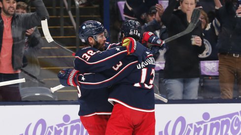 Columbus Blue Jackets' Boone Jenner celebrates a goal against the Philadelphia Flyers during the second period at Nationwide Arena.
