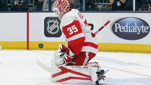 Detroit Red Wings' Ville Husso makes a save against the Columbus Blue Jackets during the second period at Nationwide Arena.