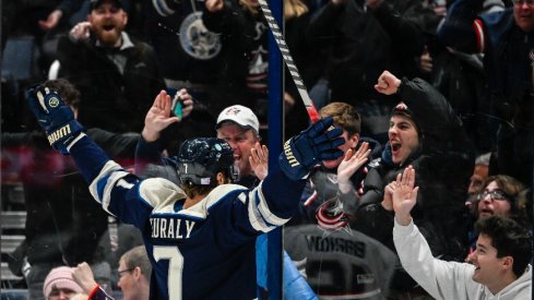 Columbus Blue Jackets center Sean Kuraly celebrates a goal on Florida Panthers goaltender Sergei Bobrovsky in the third period at Nationwide Arena.